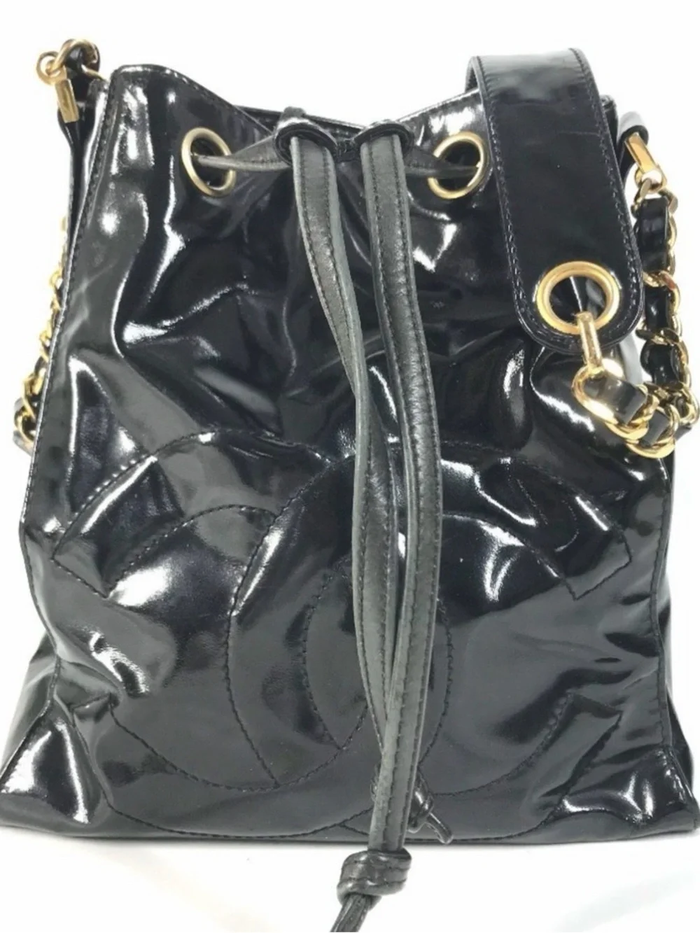 CHANEL Black Patent Leather Drawstring Bucket Crossbody